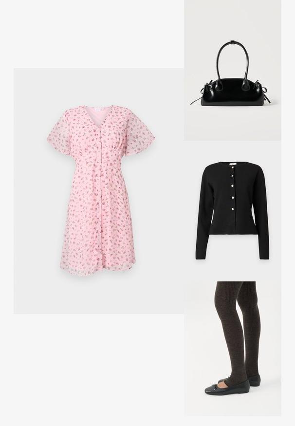 Gilet noir à manches longues avec col rond et six boutons en argent sur le devant, légèrement cintré à la taille.; Robe fleurie rose avec des manches courtes flottantes, décolleté en V et boutonnage sur le devant. Le tissu semble léger avec une texture douce et transparente.; Jambes portant des leggings côtelés foncés associés à des ballerines noires avec de petits détails en nœud sur fond blanc.; Petit sac à main noir brillant avec deux longues anses et des détails à cordon sur les côtés sur un fond clair uni.