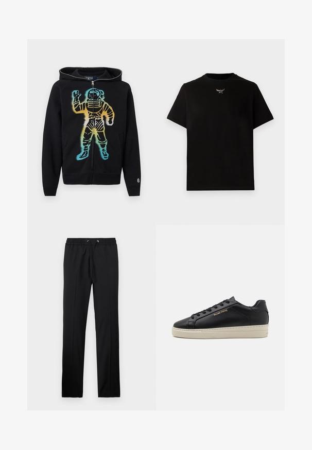 Sudadera negra con cremallera y capucha, con un gráfico de un astronauta en degradado de colores en el frente, que incluye tonos azules, amarillos y naranjas.; Camiseta de algodón negra de manga corta, con cuello redondo y un detalle del logo plateado en el pecho. Textura suave y corte relajado.; Iceberg PANTALONI - Pantalones - nero; Zapatilla de cuero negra con un acabado suave, suela crema en contraste, puntera redonda, logo dorado en el lateral y seis ojales para los cordones.
