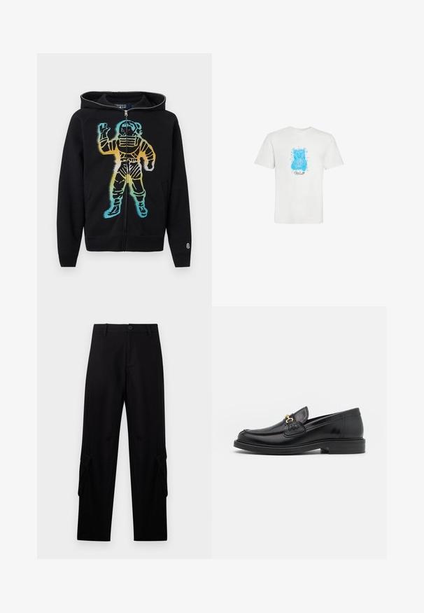 Zwarte hoodie met rits en een kleurrijke astronautenafbeelding in een verloop van blauw, geel en oranje op de voorkant.; Witte T-shirt met korte mouwen met een blauwe teddybeer-afbeelding en kleine zwarte cursieve tekst onder de beer aan de voorkant in het midden.; Zwarte cargobroek met rechte pijpen, riemlussen, een knoopsluiting aan de voorkant, ritssluiting en klepzakken op elke dij.; Zwarte leren instappers met een ronde neus, voorzien van een gouden hardware accent en stikdetails, geplaatst op een lage, getextureerde rubberen zool.