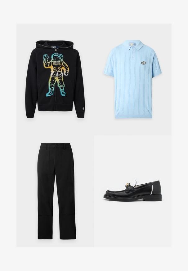 Schwarzer Hoodie mit Reißverschluss und einem bunten Gradient-Astronauten-Design auf der Vorderseite, das blaue, gelbe und orangefarbene Töne zeigt.; Hellblaues kurzärmeliges Polohemd mit vertikalem Zopfmuster, drei Knöpfen, Kragen und kleinem rundem Logo-Patch auf der linken Brust.; Schwarze Hose aus einem glatten Stoff, mit flachem Frontdesign, zwei Eingrifftaschen und geradem Bein, versehen mit dezenten Nähten.; Schwarze Lederloafers mit runder Zehenpartie, weißen Akzenten und goldenen Beschlägen auf dem Vorderblatt. Verfügt über ein strukturiertes Patch und einen gestapelten Absatz.
