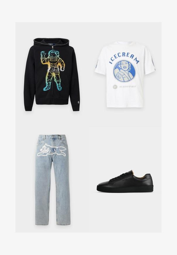 Sort lynlåstrøje med hætte og et farverigt gradientrumfartsmandgrafik på forsiden i blå, gule og orange toner.; Hvid bomulds t-shirt med et blåt grafisk design med et cirkulært is-tema, teksten "ICECREAM" og en ansigtsillustration.; Lyselavendel denim jeans med en lige pasform, der har et stort hvidt grafik af en kat på ryggen. Klassisk fem-lommers design.; Sort lavtopet læder-sneaker med sorte snørebånd, tekstureret gummisål og lille præget logo på siden, vist i profil mod grå baggrund.