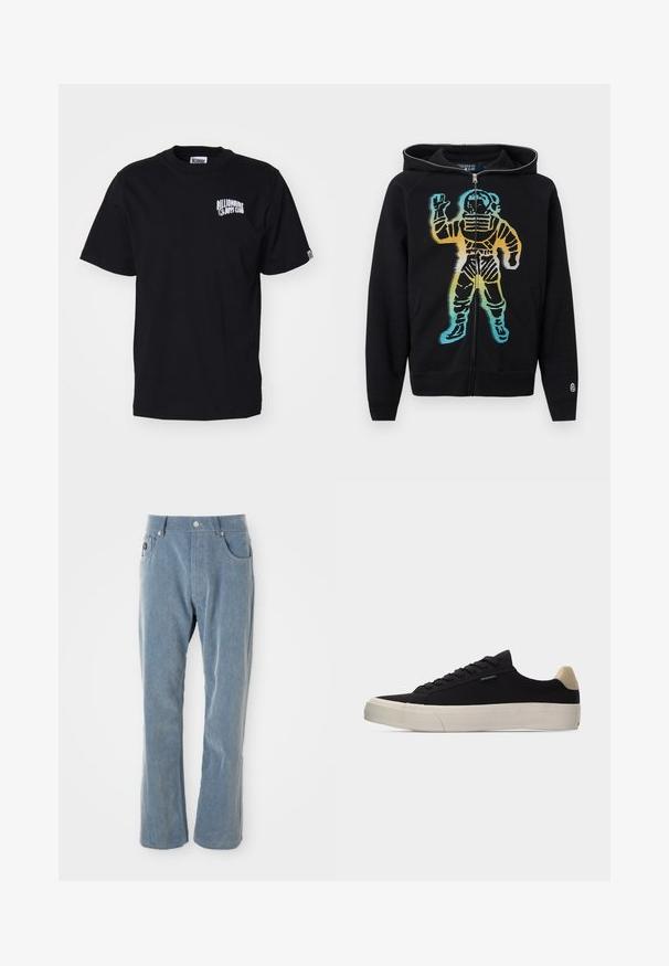 Sudadera negra con cremallera y capucha, con un gráfico de un astronauta en degradado de colores en el frente, que incluye tonos azules, amarillos y naranjas.; Camiseta de algodón negra con cuello redondo y mangas cortas. Presenta un logo impreso blanco en el área del pecho izquierdo. Diseño simple, corte estándar.; Pantalones de pana de color azul claro con cierre de botón y cremallera, bolsillos frontales y piernas rectas sobre fondo blanco.; Zapatilla negra de corte bajo con pestaña de talón beige, suela gruesa de goma blanca, cordones negros y pequeña etiqueta "PS Paul Smith" en el lateral.