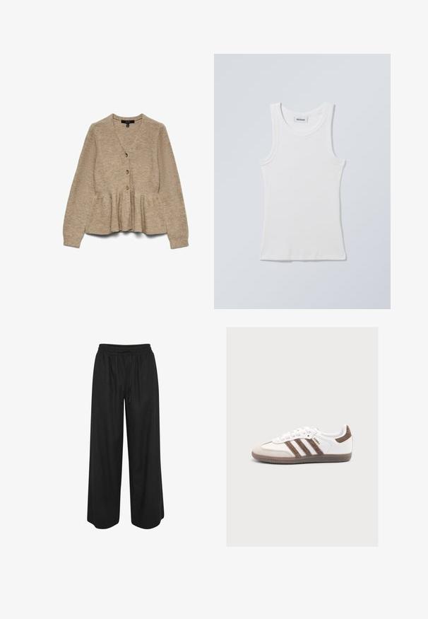 Cárdigan de punto beige con escote en V, mangas largas, cintura peplum y cinco botones de madera en la parte delantera, con una tela texturizada.; Camiseta de algodón blanca sin mangas con escote redondo y tirantes anchos. Presenta una textura acanalada y un dobladillo recto. Etiqueta visible en el escote.; Pantalones negros de pierna ancha con cintura elástica y cordón, hechos de tela ligera, mostrados sobre un fondo blanco.; Zapatilla blanca Adidas Samba con franjas de ante marrón, parche marrón en el talón, puntera beige y suela de goma translúcida, vista desde un lado.
