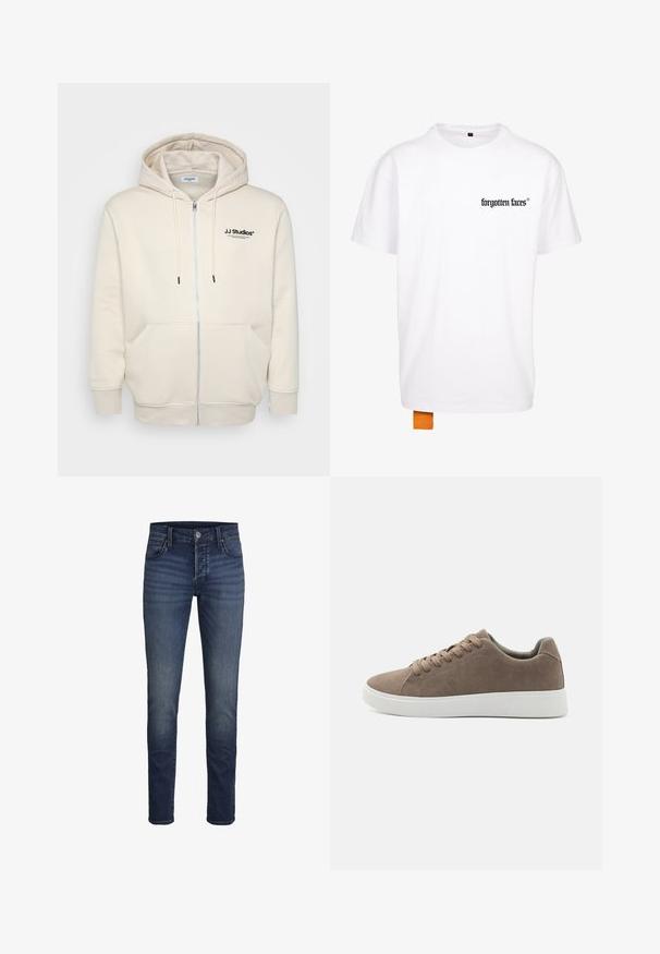 Crème kleurige zip-up hoodie met trekkoorden, voorzakken, geribbelde manchetten en het "JJ Studios" logo op de borst in zwart. Zachte stofstructuur.; Witte katoenen t-shirt met een zwart logo op de linkerkant van de borst en een oranje label aan de onderkant. Korte mouwen en een klassieke ronde hals.; Donkerblauwe denim jeans met een rechte snit, voorzien van klassieke vijf-pocket stijl en een subtiele textuur.; Bruine suède sneakers met platte witte rubberen zolen, vetersluiting, ronde neus en een gladde textuur. Minimalistische stijl met subtiele stikdetails.