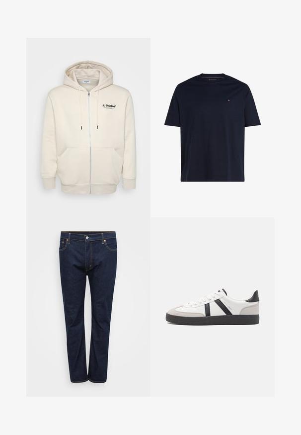 Creme zip-hoodie med snore, forlommer, ribbede manchetter og "JJ Studios" logo på brystet i sort. Blødt stof tekstur.; Ensfarvet mørkeblå kortærmet t-shirt med rund hals og lille rød, hvid og blå logo på venstre bryst.; Mørkeblå denim jeans med lige ben, der har synlige stikninger i kontrasterende gul, fem lommer og en frontlukning med knap.; Hvide sneakers med sorte og grå detaljer, med en tekstureret grå tåhætte, sort gummisål og flade hvide snørebånd. Rent design, minimalistisk stil.