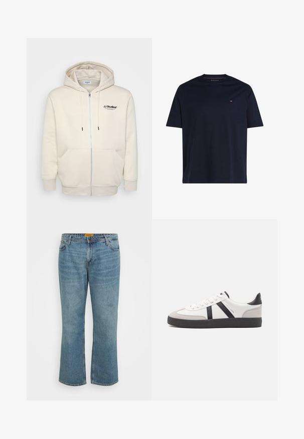 Sudadera cremosa con cremallera, cordones, bolsillos frontales, puños acanalados y logotipo de "JJ Studios" en el pecho en negro. Textura de tela suave.; Camiseta lisa de manga corta azul marino con cuello redondo y pequeño logotipo rojo, blanco y azul en el pecho izquierdo.; Jeans de mezclilla en azul claro con corte recto, cinco bolsillos, costura visible y bragueta con cremallera. La etiqueta es amarilla en la parte interior de la cinturilla.; Zapatilla blanca con acentos en negro y gris, que presenta una puntera texturizada en gris, suela de goma negra y cordones planos blancos. Diseño limpio, estilo minimalista.