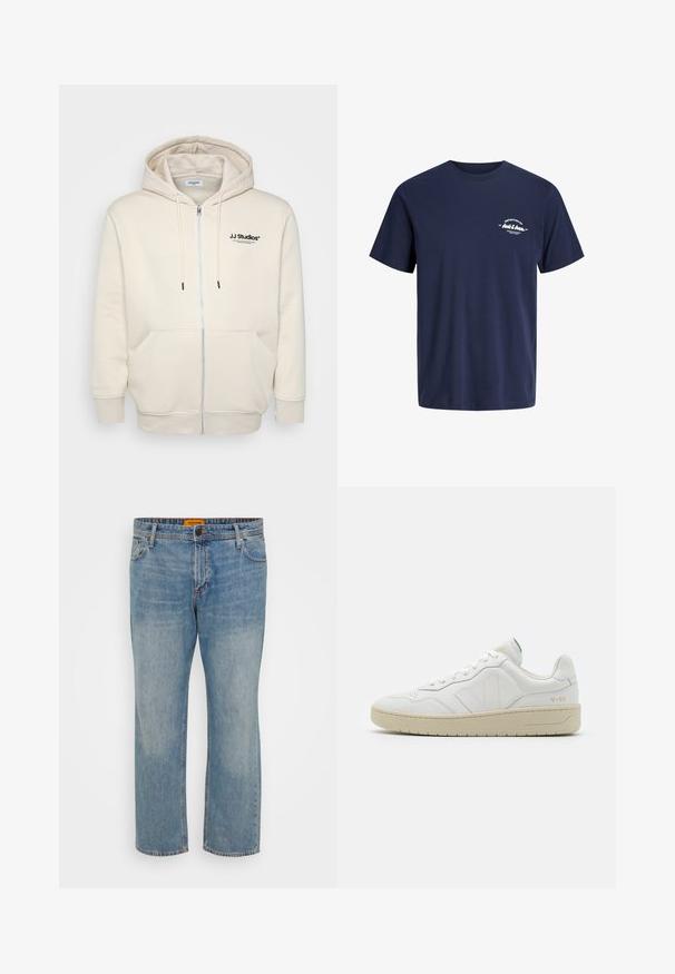 Creme zip-hoodie med snore, forlommer, ribbede manchetter og "JJ Studios" logo på brystet i sort. Blødt stof tekstur.; Mørkeblå t-shirt med korte ærmer og rund hals med lille hvid tekst "Definition of Jack & Jones" på venstre bryst.; Lyseblå denim jeans med lige ben, der har fem lommer, knaplukning og orange mærke på taljebåndet.; Hvide lædersneakers med struktureret overflade og polstret krave. Har en beige gummisål og diskret branding på hælen og siden.