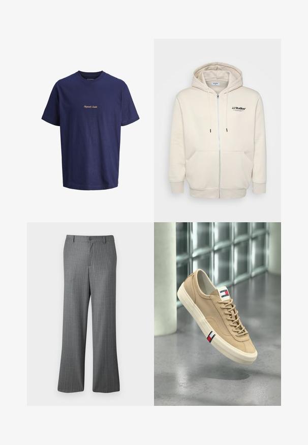 Valkoinen vetoketjullinen huppari, jossa on narut, etutaskut, ribbaatut hihansuut ja musta "JJ Studios" -logo rinnassa. Pehmeä kangas.; Navy sininen puuvillapaita, jossa on pyöreä kaula-aukko ja lyhyet hihat; "Originals Studio" brodeerattu kontrastivärisellä ruskealla langalla rintaan.; Harmaat pinstripe-housut rentoa mallia, jossa on nappikiinnitys, vyölenkit ja hillityt vaaleansiniset raidat kauttaaltaan.; Beige kangaskengät valkoisella pohjalla, nauhoilla ja Tommy Jeans -logolla kielen päällä ja sivulla, esitettynä lasiblokkiseinää vasten.