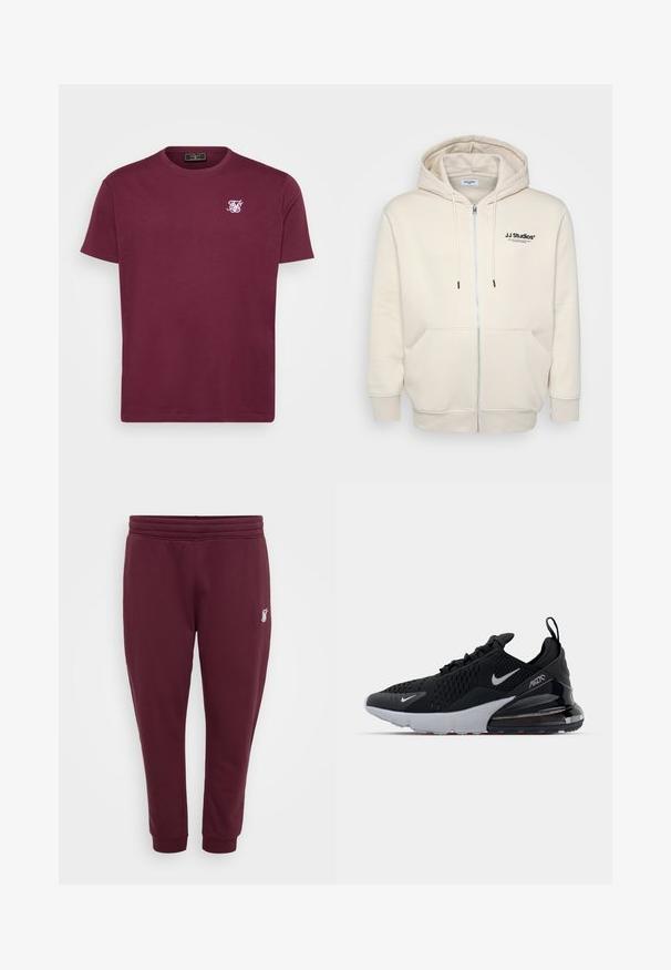 Creme zip-hoodie med snore, forlommer, ribbede manchetter og "JJ Studios" logo på brystet i sort. Blødt stof tekstur.; Bordeaux bomulds T-shirt med rund hals, korte ærmer og et lille hvidt logo på venstre bryst. Glat tekstur og klassisk pasform.; Burgundy sweatpants lavet af blødt stof, med elastisk talje, elastiske ankler og et lille broderet logo på venstre lår.; Sort atletiksko med mesh-overdel, hvid sål og synlig luftdæmpning i hælen. Slank design med diskrete sølvdetaljer.
