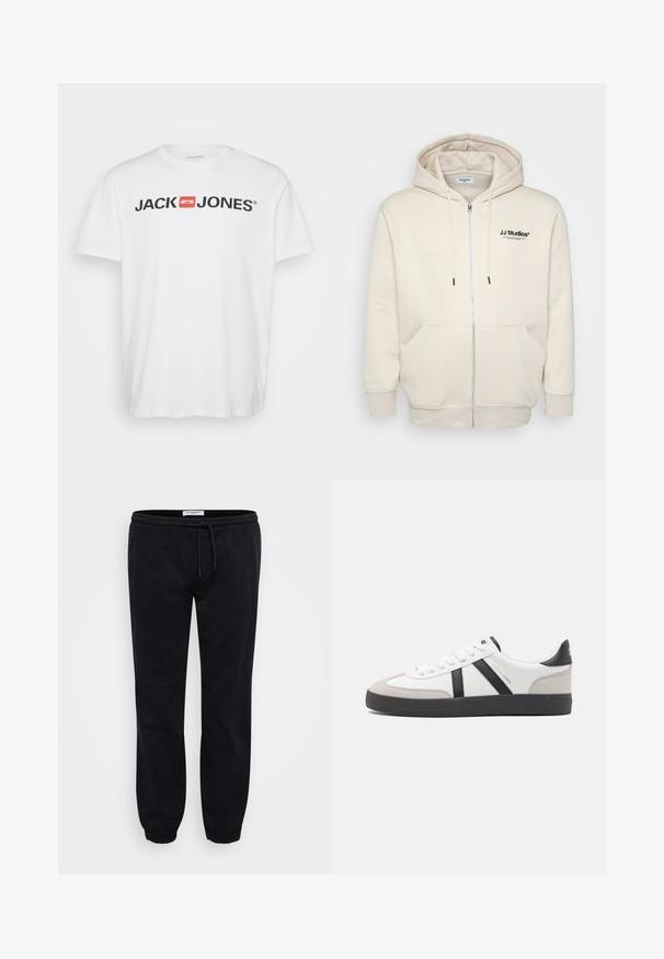 Cremefarbene Zip-Hoodie mit Zugbändern, Fronttaschen, gerippten Bündchen und schwarzem "JJ Studios"-Logo auf der Brust. Weicher Stoff. ; Weißes Baumwoll-T-Shirt mit dem schwarzen "JACK & JONES" Logo und einem roten rechteckigen Akzent. Kurze Ärmel und Rundhalsausschnitt. Glatte Textur.; Schwarze Sweatpants aus weichem Baumwollstoff mit elastischem Bund und Kordelzug. Mit elastischen Bündchen und seitlichen Taschen für zusätzlichen Komfort.; Weiße Sneaker mit schwarz- und grau-aczenten, ausgestattet mit einer strukturierten grauen Zehenkappe, schwarzer Gummi-Sohle und flachen weißen Schnürsenkeln. Sauberes Design, minimalistische Stil.