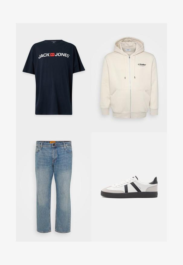 Creme zip-hoodie med snore, forlommer, ribbede manchetter og "JJ Studios" logo på brystet i sort. Blødt stof tekstur.; Sort T-shirt med korte ærmer med hvid "JACK JONES" tekst og et rødt firkantet logo centreret på brystet.; Lyseblå denim jeans med lige ben, der har fem lommer, knaplukning og orange mærke på taljebåndet.; Hvide sneakers med sorte og grå detaljer, med en tekstureret grå tåhætte, sort gummisål og flade hvide snørebånd. Rent design, minimalistisk stil.