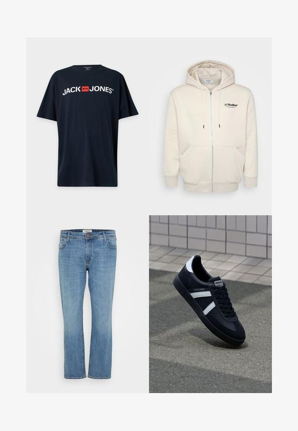 Creme zip-hoodie med snore, forlommer, ribbede manchetter og "JJ Studios" logo på brystet i sort. Blødt stof tekstur.; Sort T-shirt med korte ærmer med hvid "JACK JONES" tekst og et rødt firkantet logo centreret på brystet.; Blå straight-leg denim jeans med knap- og lynlås, for- og baglommer samt synlig syning på hvid baggrund.; Sort lædersneaker med hvide striber, tekstureret gummisål og snørrebånd foran. Har et brandet mærke på tungen.