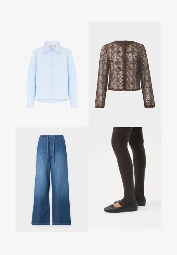 Veste en dentelle marron à manches longues avec motifs floraux et géométriques, devant boutonné, col rond sur fond uni.; Chemise col bleu clair en coton lisse. Elle se ferme par des boutons à l'avant et possède des manches longues avec un ourlet arrondi.; Pantalon en denim bleu à jambes larges avec taille élastique et fermeture avant par cordon sur fond clair uni.; Jambes portant des leggings côtelés foncés associés à des ballerines noires avec de petits détails en nœud sur fond blanc.