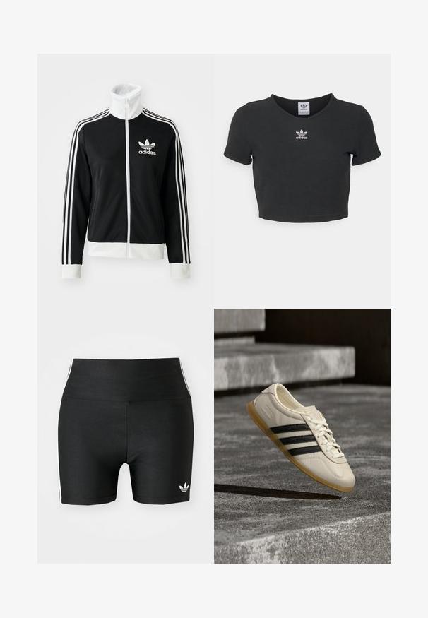 Must-sinine tõmblukuga jakk kõrge kaelusega, valge Adidas'i logo ja kolm valget triipu varrukatel, valmistatud siledast ja hingavast kangast.; Must tänavakujundus, millel on ümara kaeluse ja lühikeste varrukatega must lühike t-särk, mis on valmistatud puuvillast. Keskel on valge Adidas logo tikand.; Mustad mustad lühikesed püksid venivast kangast kõrge vöökoha ja valgete külje triipudega. Hemmiku ääres on väike valge logo.; Valge toss mustade triipude ja kummist tallaga hõljub pehme päevavalguse käes betoontreppide kohal.