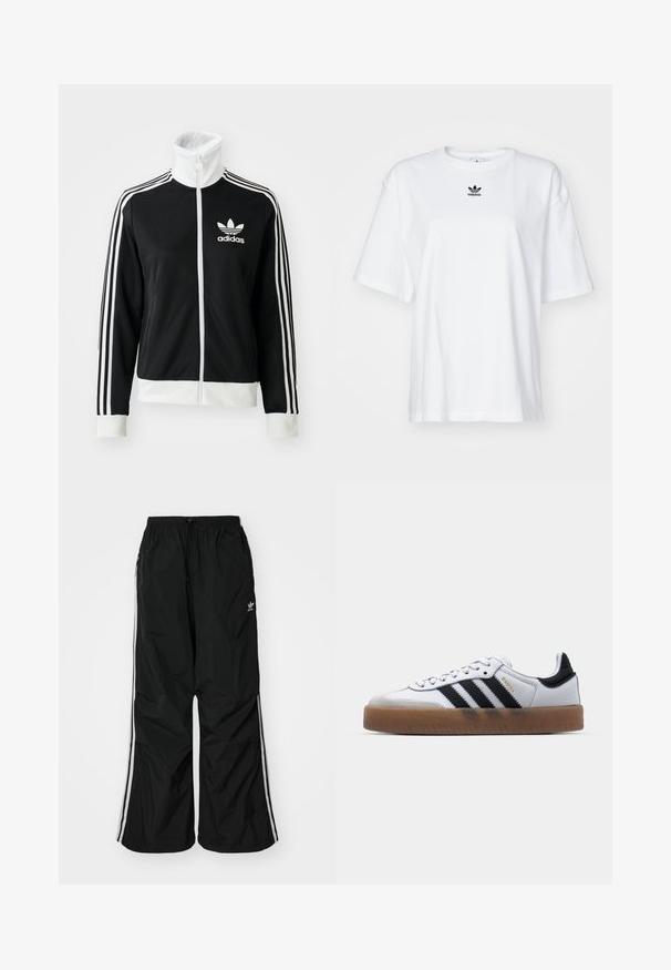 Sort zip-jakke med høj krave, hvid Adidas-logo og tre hvide striber ned ad ærmerne, lavet af glat, åndbart stof.; Hvid kortærmet t-shirt lavet af bomuld. Har en rund halsudskæring og et lille sort Adidas-logo på brystet. Lige skåret kant.; Sorte vindjakke-bukser med elastisk talje, snøre, hvide side-striber, løs pasform og en lille logo på venstre side.; Hvide lædersneakers med sorte striber, gummirubber sål, rund tå, snørelukning og blød grå ruskinds tåhætte.