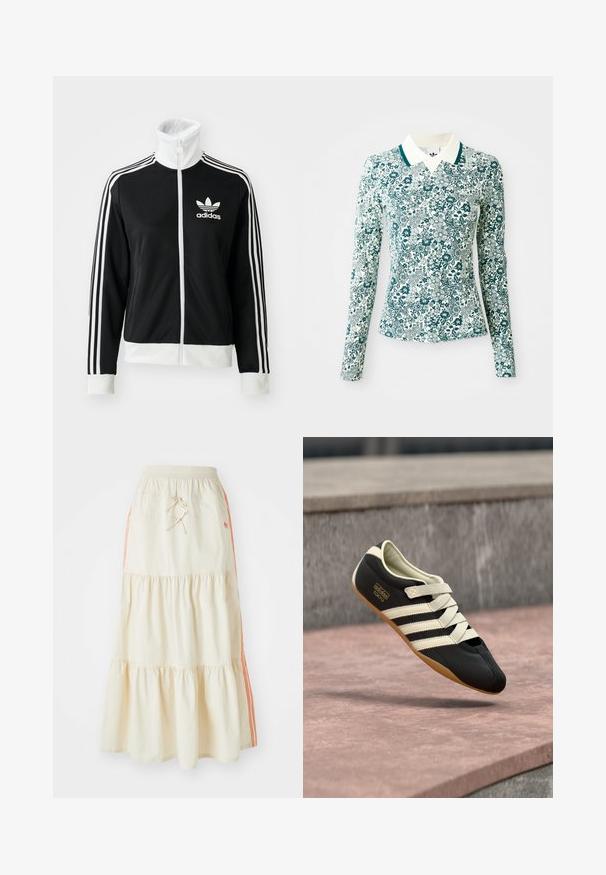 Čierna zipsová bunda s vysokým golierom, bielym logom Adidas a tromi bielymi pruhmi na rukávoch, vyrobená z hladkej, priedušnej tkaniny.; Dlhý rukáv priliehavá košeľa s tyrkysovo-bielym kvetinovým vzorom a bielym golierom s tyrkysovým lemovaním na jednolatom pozadí.; Svetlo krémová midi sukňa v tierovanom štýle s elastickým pásom a šnúrkou na stiahnutie. Má oranžové bočné pruhy a mäkkú, hladkú bavlnenú textúru.; Čierna športová obuv s krémovými pruhmi a šnúrkami, s nízkym profilom, hladkou textúrou a gumovou podrážkou pre lepšiu priľnavosť. Viditeľná značka značky.