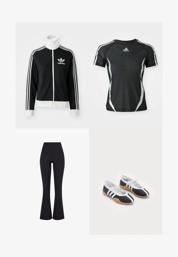 Sort zip-jakke med høj krave, hvid Adidas-logo og tre hvide striber ned ad ærmerne, lavet af glat, åndbart stof.; Sort Adidas atletisk T-shirt med korte ærmer, hvide striber på skuldrene og sølvfarvede buede detaljer på siderne.; Sorte, højtsiddende, flagrende bukser lavet af strækstof. Har en glat overflade og en tætsiddende silhuet omkring hofterne.; Sort-hvide sportsko med et slankt design, gummisål, snørebåndslukning og tre hvide striber på siden.