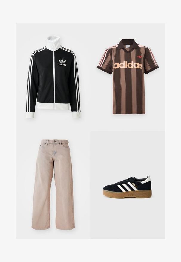 Must-sinine tõmblukuga jakk kõrge kaelusega, valge Adidas'i logo ja kolm valget triipu varrukatel, valmistatud siledast ja hingavast kangast.; Pruunide triipudega Adidas polotee, V-kaelusega, bordeau krae ja punase logoga. Omad valge ja punase triibuga õlad ning lühikesed varrukad.; Bežid laiendid teksad kõrge taljega, viie tasku ja nööbiga sulgemisega. Kanga tekstuur on pehme ja esiosas on kergelt pleekinud.; Mustast seemisest toss mustade valgete kolmetriipude ja kuldse logoga. Kummist tald tekstuuriga haardega. Klassikalise madala variandiga, ümara varbaga.