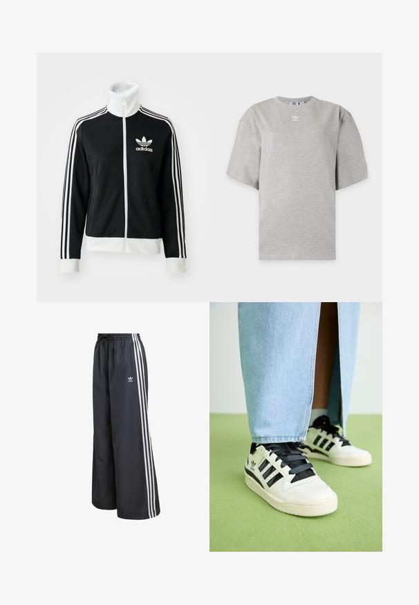 Sort zip-jakke med høj krave, hvid Adidas-logo og tre hvide striber ned ad ærmerne, lavet af glat, åndbart stof.; Lysegrå Adidas T-shirt med korte ærmer, rund hals og lille hvid Adidas-logo på brystet, vist på en ensfarvet baggrund.; Sorte atletikbukser lavet af letvægtsmateriale, med tre hvide lodrette striber og en elastisk talje med snøre.; Hvide lædersneakers med sorte detaljer og snøre. Har tre sorte striber, en perforeret tå og en tekstureret gummisål.