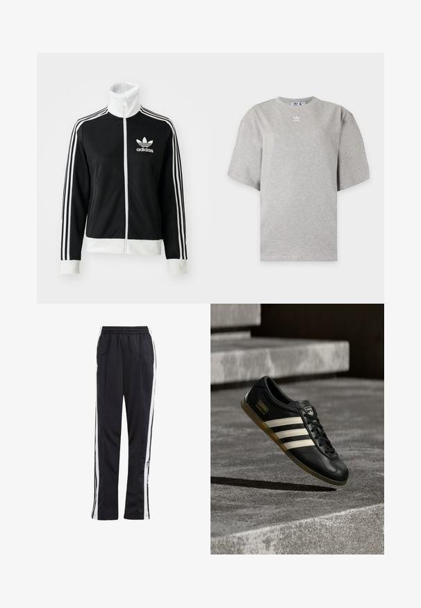 Čierna zipsová bunda s vysokým golierom, bielym logom Adidas a tromi bielymi pruhmi na rukávoch, vyrobená z hladkej, priedušnej tkaniny.; Svetlosivé tričko Adidas s krátkym rukávom, okrúhlym výstrihom a malým bielym logom Adidas na hrudi, zobrazené na jednoduchom pozadí.; Čierne tepláky so bielymi bočnými pruhmi, elastickým pásom a logom. Vyrobené z hladkej, ľahkej tkaniny. Rovný strih.; Čierna kožená teniska s bielym dizajnom troch pruhov, textúrovanými detailmi, čiernymi šnúrkami a gumovou podrážkou. Logo značky viditeľné na jazyku.