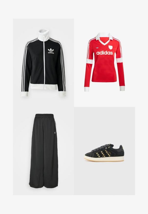 Sort zip-jakke med høj krave, hvid Adidas-logo og tre hvide striber ned ad ærmerne, lavet af glat, åndbart stof.; Rød langærmet fodboldtrøje med hvid krave og manchetter. Har tre hvide striber på skuldrene og "adidas" logoet fremtrædende vist.; Sorte løstsiddende træningsbukser lavet af glat stof. Har en elastisk talje og sidelogsstriber med logoaccents.; adidas Originals CAMPUS 00S W - Sneakers - core black/carbon/gold-coloured