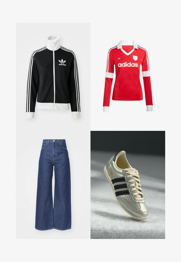 Must-sinine tõmblukuga jakk kõrge kaelusega, valge Adidas'i logo ja kolm valget triipu varrukatel, valmistatud siledast ja hingavast kangast.; Punane pikade varrukatega jalgpallipluus valge krae ja varrukateotstega. Omab kolme valget triipu õlgadel ja väljapaistvat "adidas" logo.; Laiad püksteotsad tumedast sinisest denimist. Kõrge vöökoht, lukuga ja nööpidega kinnitamine. Omab klassikalist viit taskut ja ääriseid.; Helehallid nahast tossud mustade triipudega, perforatsioonide detailidega, beežide nööpidega ja kuldse logotäpiga. Tekstuuriga kummitald.