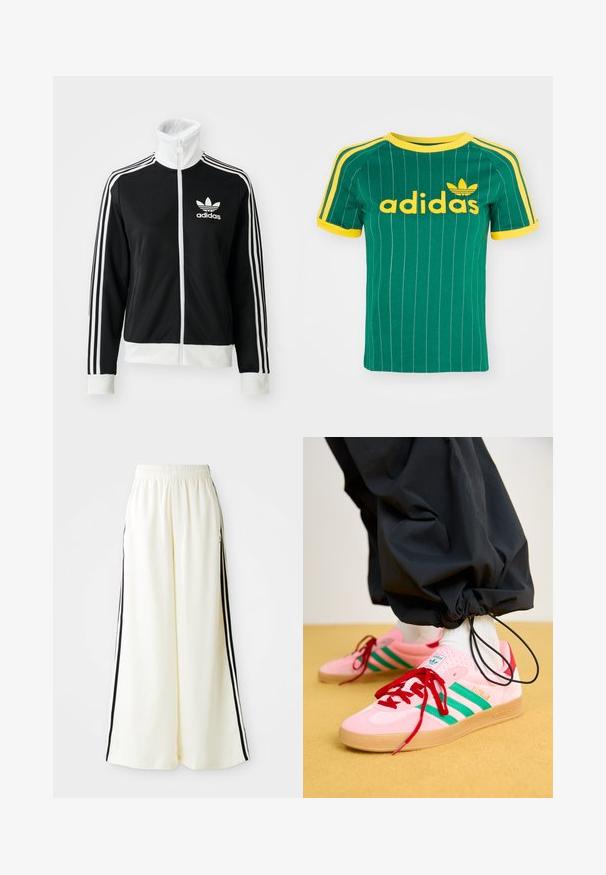 Sort zip-jakke med høj krave, hvid Adidas-logo og tre hvide striber ned ad ærmerne, lavet af glat, åndbart stof.; Grøn bomulds T-shirt med lodrette hvide striber, gule accenter og "adidas" logo i gul skrift. Kortærmet og rund hals design.; Hvide løse bukser med elastisk talje og sorte lodrette striber langs yderseams.; Lyserøde ruskindssneakers med grønne striber, røde snørebånd og en gummisål. Parret med sorte bukser, der er samlet ved anklerne.