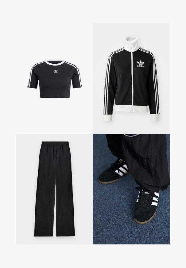 Sort zip-jakke med høj krave, hvid Adidas-logo og tre hvide striber ned ad ærmerne, lavet af glat, åndbart stof.; Sort cropped t-shirt lavet af bomuld, med en ribbet hvid rund halsudskæring, korte raglanærmer og hvide side striber med et lille logo.; Sorte bukser med vide ben og elastik i taljen, lavet af letvægtsstof, vist fladt på en lys baggrund.; Sorte suedetrainingssko med tre hvide striber og sorte snørebånd. Et tekstureret sort bukser er delvist synligt ved siden af skoene.