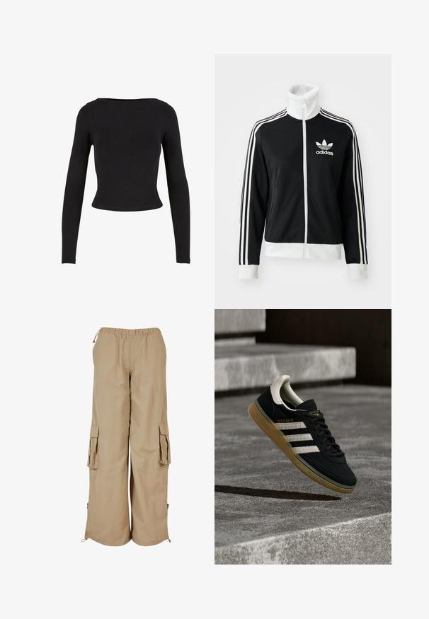 Sort zip-jakke med høj krave, hvid Adidas-logo og tre hvide striber ned ad ærmerne, lavet af glat, åndbart stof.; Sort, langærmet crop top lavet af blødt, strækbart stof med et enkelt, tætsiddende design og en bred halsudskæring. Ingen mønstre eller udsmykninger.; Beige cargo bukser med elastisk talje, to sidelommer og mesh-detaljer; fremstillet af letvægts, tekstureret stof.; Sort ruskindssneaker med hvide striber og gyldent logo, med en tekstureret gummisål i karamel og en kontrasterende cremefarvet hæltab.