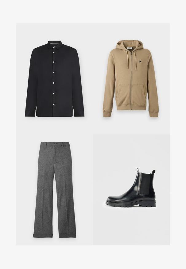 Hoodie beige à fermeture éclair avec poches avant, capuche à cordon, poignets côtelés et petit logo d'oiseau noir sur le côté gauche de la poitrine.; Chemise noire à manches longues boutonnée avec des boutons blancs et un petit logo brodé sur la poitrine gauche, présentée sur un fond blanc.; Pantalon gris à jambes larges en tissu texturé avec un motif subtil, doté d'une fermeture à boutons sur le devant et d'ourlets cousus.; Bottes Chelsea en cuir noir avec des panneaux élastiques sur les côtés, une languette pour un enfilage facile et une semelle en caoutchouc robuste avec une adhérence texturée.