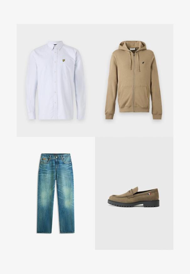 Beige Kapuzenpullover mit Reißverschluss, Vorderseiten-Taschen, Kordelzugkapuze, gerippten Bündchen und kleinem schwarzem Vogel-Logo auf der linken Brust.; Hellblau gestreifte Button-Down-Hemd mit einem kleinen gelben Logo auf der Brusttasche. Mit klassischem Kragen und langen Ärmeln. Aus Baumwollmaterial.; Hellblaue Jeans mit geradem Bein, die an manchen Stellen ausgeblichen sind, kontrastierenden Nähten und einem Lederpatch am Bund. Klassisches Fünf-Taschen-Design.; Braune WildlederSlipper mit runder Zehenpartie, schwarzer Gummisohle und dekorativer Naht. Enthält ein kleines rotes, weißes und blaues Flaggenakzent.