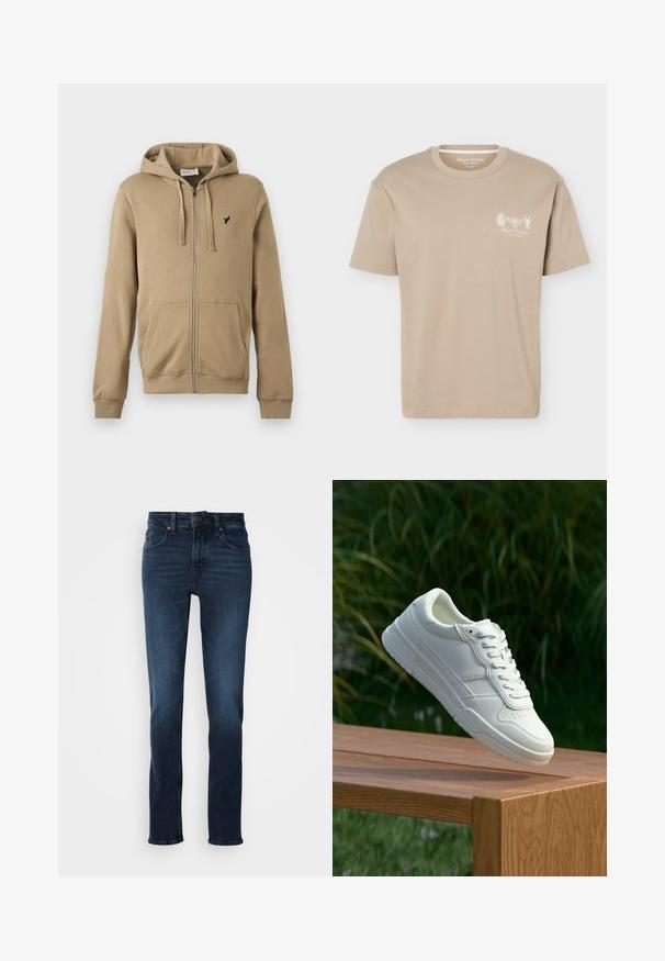 Beige hættejakke med lynlås, forlommer, snøre i hætten, ribstrikkede manchetter og lille sort fuglelogo på venstre bryst.; Beige kortærmet T-shirt med rund halsudskæring med små insektgrafikker og "Marc O'Polo" logo på venstre bryst.; Mørkeblå denim jeans med lige ben-design, fem-lomme stil, frontknaplukning og subtilt slid på lårene.; Hvide lædersneakers med en glat overflade, prydet med perforeret design, klassisk snørering og gummisål, placeret over en træoverflade.