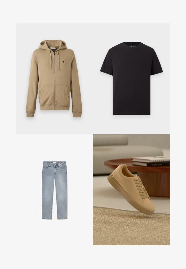 Beige hoodie met rits, voorzakken, capuchon met trekkoord, geribbelde manchetten en een klein zwart vogel-logo op de linkerborst.; Zwart T-shirt met korte mouwen en ronde hals, met klein logo op de linkerborst en "Pier One" label binnen in de kraag.; Lichtblauwe denim jeans met een rechte snit, vijf zakken, knoopsluiting, subtiele vervaging en gestikte details langs de zakken.; Beige vetersneaker die boven een gestructureerd tapijt zweeft, met een houten salontafel en gestapelde boeken op een wazige achtergrond.