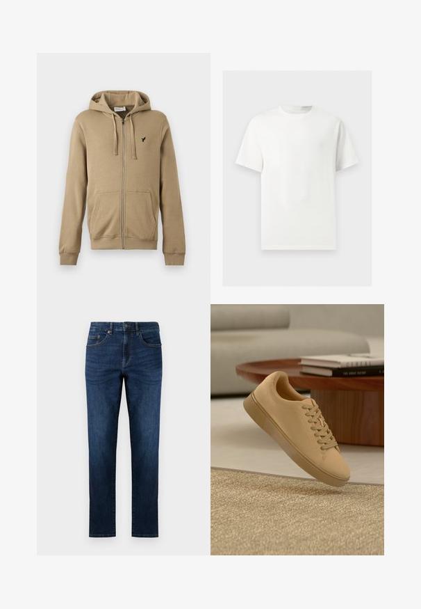 Hoodie beige à fermeture éclair avec poches avant, capuche à cordon, poignets côtelés et petit logo d'oiseau noir sur le côté gauche de la poitrine.; T-shirt blanc uni à manches courtes et col rond présenté sur un fond gris clair.; Jeans en denim bleu foncé avec une coupe droite, comportant cinq poches, des détails de couture et une fermeture à boutons classique.; Baskets beiges à lacets flottant au-dessus d'un tapis texturé avec une table basse en bois et des livres empilés en arrière-plan flou.