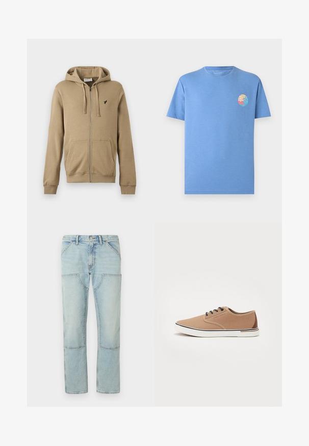 Beige Kapuzenpullover mit Reißverschluss, Vorderseiten-Taschen, Kordelzugkapuze, gerippten Bündchen und kleinem schwarzem Vogel-Logo auf der linken Brust.; Hellblaues T-Shirt mit kurzen Ärmeln und kleinem rundem Grafikdruck eines Strand-Sonnenuntergangs und einer Welle auf der linken Brust.; Helle blaue Denim-Jeans mit geradem Bein, ausgestattet mit aufgesetzten Taschen und einem ausgewaschenen Finish. Knopfverschluss an der Taille, standardmäßige Gürtelschlaufen.; Beige Leinensneaker mit marineblauen Schnürsenkeln, weißer Sohle und braunen Akzenten an der Ferse. Flaches Design mit runder Zehenpartie und kontrastierenden Nähten.