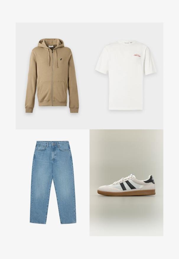 Hoodie beige à fermeture éclair avec poches avant, capuche à cordon, poignets côtelés et petit logo d'oiseau noir sur le côté gauche de la poitrine.; T-shirt en coton blanc à manches courtes et col rond. Présente un logo rouge brodé sur la partie gauche de la poitrine.; Jean en denim bleu clair avec une coupe droite, design cinq poches et une texture légèrement délavée. Dispose d'une fermeture à bouton et à glissière.; Baskets basses blanches avec bandes noires, semelle marron, panneaux latéraux en mesh et languette de talon noire avec texte blanc sur fond neutre.