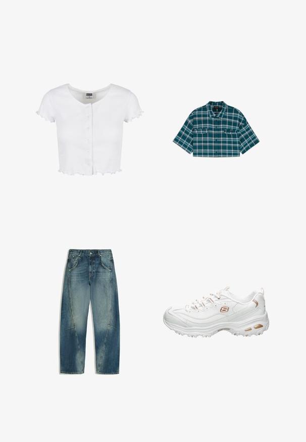 Witte geribbelde crop top met een ronde halslijn, korte ruches mouwen en een voorpand met zes knopen. Zachte textuur en eenvoudig ontwerp.; Kort geruite overhemd in blauwgroen en wit met knopen, korte mouwen en twee voorzakken met klep.; Blauwe spijkerbroek met voorzakken, riemlussen, knoopsluiting en zichtbare naaddetails op de benen, plat weergegeven op een witte achtergrond.; Witte sportschoen gemaakt van glad synthetisch materiaal. Bevat getextureerde accenten, metallic gouden details, vetersluiting en een gevoerde zool.