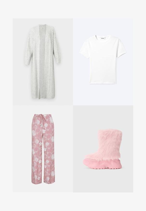 Cardigan tricoté gris clair avec un devant ouvert, texture côtelée, manches bouffantes et rayures verticales. Présente des coutures décoratives et des détails en œillets.; T-shirt blanc uni à manches courtes et col rond avec une petite étiquette "WEEKDAY" à l'intérieur de l'encolure, présenté à plat sur un fond clair.; Pantalon rose à jambes larges avec broderie florale blanche et taille à cordon, présenté sur un fond uni.; Botte rose épaisse avec une semelle texturée et une douce fausse fourrure moelleuse recouvrant toute la partie supérieure.