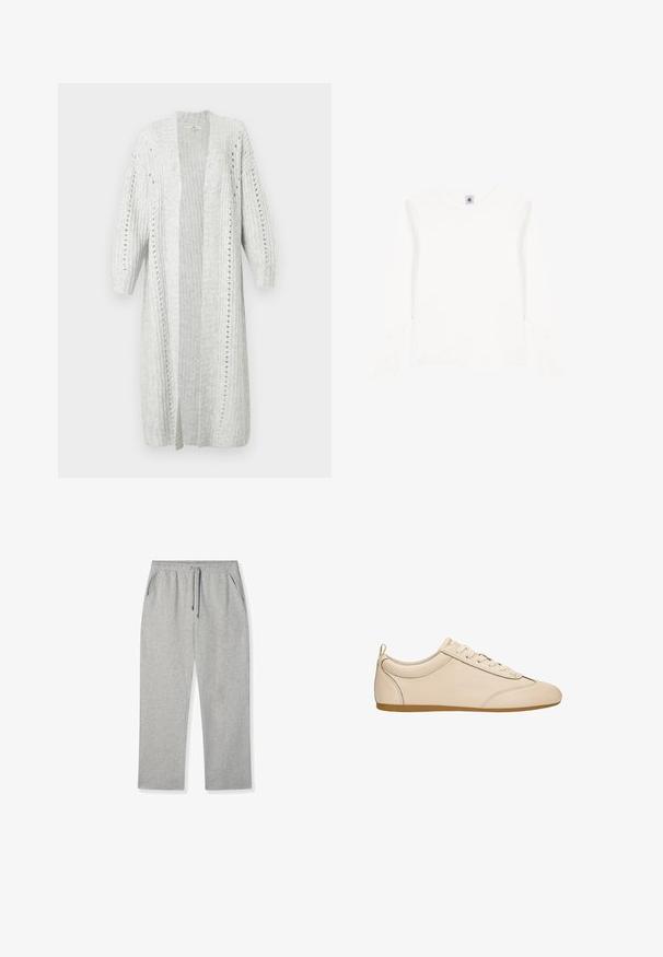 Cardigan tricoté gris clair avec un devant ouvert, texture côtelée, manches bouffantes et rayures verticales. Présente des coutures décoratives et des détails en œillets.; T-shirt blanc à manches longues en coton doux, doté d'un col rond et d'une coupe décontractée. Texture lisse sans motifs ni accents visibles.; Pantalons de jogging gris clair en tissu doux, dotés d'une taille élastique avec un cordon de serrage et de deux poches latérales.; Baskets montantes en cuir beige avec une finition lisse, un bout arrondi, un profil bas, un col rembourré et une semelle en caoutchouc marron.