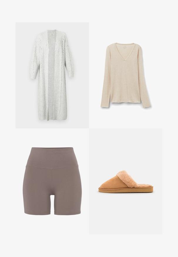 Cárdigan de punto gris claro con abertura frontal, textura de canalé, mangas abullonadas y rayas verticales. Presenta costuras decorativas y detalles de ojetes.; Camiseta de manga larga con escote en V en tejido beige claro con una textura suave. Corte relajado con dobladillo recto y diseño minimalista.; Pantalones cortos de cintura alta en un color topo suave, confeccionados en una tela elástica y suave. Presentan un diseño sin costuras y una silueta ajustada.; Even&Odd Pantuflas - cognac