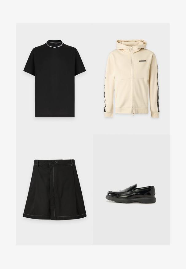 Sweat à capuche beige avec fermeture éclair intégrale, manches longues, bandes noires à logo le long des bras et petit logo EA7 Emporio Armani sur la poitrine.; T-shirt noir à manches courtes et col rond avec un bord blanc et le texte "Michael Kors" sur le col, présenté sur un fond blanc.; Jupe noire évasée avec coutures contrastantes blanches, passants de ceinture et un petit logo marteau croisé au centre avant de la taille.; Mocassin en cuir noir avec une finition brillante, bout arrondi, détails de couture subtils et semelle en caoutchouc épaisse pour la durabilité.