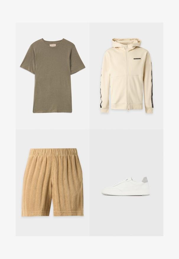 Sweat à capuche beige avec fermeture éclair intégrale, manches longues, bandes noires à logo le long des bras et petit logo EA7 Emporio Armani sur la poitrine.; T-shirt olive à manches courtes avec un col rond, fabriqué en tissu doux. Présente un ourlet droit et sans motifs ni accents visibles.; Short en éponge beige avec des rayures verticales cousues et une taille élastique, présenté sur un fond clair uni.; Baskets basses blanches avec un onglet de talon gris, des lacets blancs et une semelle texturée, présentées sur un fond uni clair.