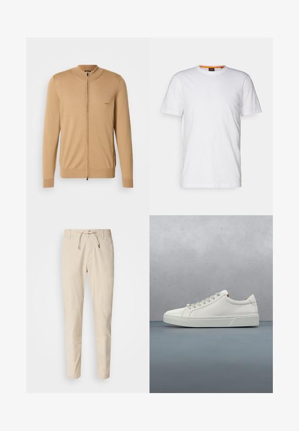 Kamelfarvet herre fuld-zip sweater med ribbede manchetter og søm, med et lille "BOSS" logo på venstre bryst.; Hvid bomulds T-shirt med rund hals, korte ærmer og et subtilt præget logo på brystet. Indvendigt mærke har en orange detalje.; Lys beige bukser med en glat stoftekstur, elastisk talje og justerbar snor. Taperet ben-design. Ingen synlige mønstre.; Hvid lædersneaker med rund tå, minimalistisk design, grå snørebånd og en tekstureret grå gummisål. Subtile syningsdetaljer er synlige.
