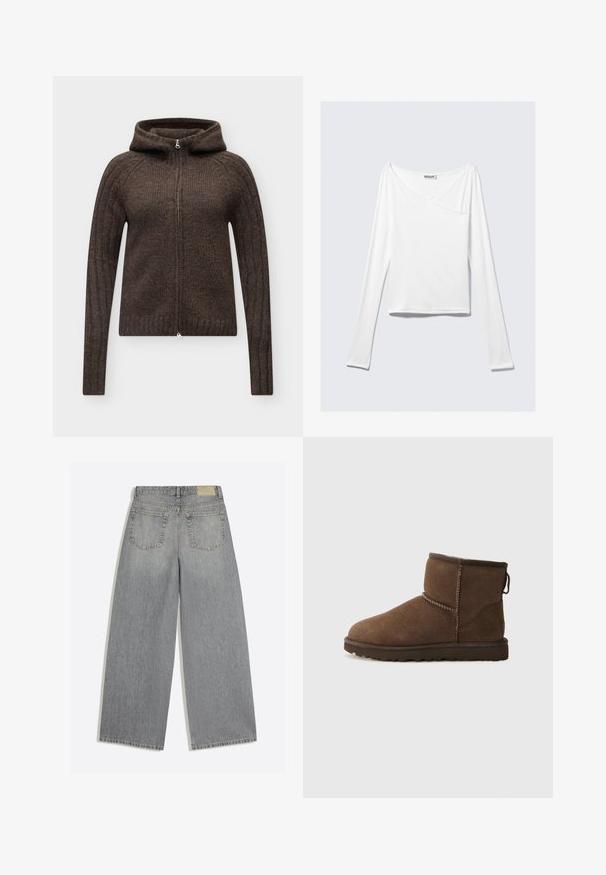 Sweat à capuche marron en maille avec fermeture éclair, manches longues et texture côtelée, présenté sur fond gris clair.; Haut blanc à manches longues avec un design croisé et une poche. Fabriqué dans un tissu lisse et extensible. Coupé dans une coupe décontractée et ample.; Jean en denim gris à jambes larges montrant l'arrière avec deux poches et des passants de ceinture, posé à plat sur fond blanc.; UGG CLASSIC MINI II - Bottes de neige - dusted cocoa