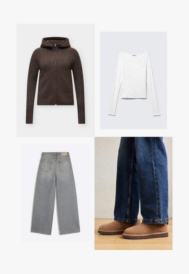 Braune gestrickte Zip-up-Hoodie mit langen Ärmeln und gerippter Struktur, dargestellt auf hellgrauem Hintergrund.; Weißes Langarmoberteil mit einem Überlappungsdesign und einer Tasche. Hergestellt aus einem glatten, elastischen Material. In einem lässigen, entspannten Schnitt.; Graue Jeans mit weitem Bein, Rückseite mit zwei Taschen und Gürtelschlaufen, flach auf weißem Hintergrund liegend.; Braune Wildleder Stiefeletten mit flacher Sohle, runder Spitze und einer kleinen Zuglasche, kombiniert mit blauen Jeans im geraden Schnitt.