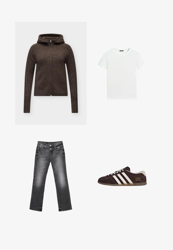 Braune gestrickte Zip-up-Hoodie mit langen Ärmeln und gerippter Struktur, dargestellt auf hellgrauem Hintergrund.; Schlichtes weißes T-Shirt mit kurzen Ärmeln, rundem Halsausschnitt und einem kleinen schwarzen Etikett innen am Kragen.; Schwarze Denim-Jeans mit geradem Bein, verblasstem Design und fünf Taschen. Mit Gürtelschlaufen und Reißverschluss.; Braune Wildleder-Sneaker mit drei weißen Streifen, Gummisohle und Textlabel "Gazelle" in Gold. Schnürdesign mit grauen Schnürsenkeln.