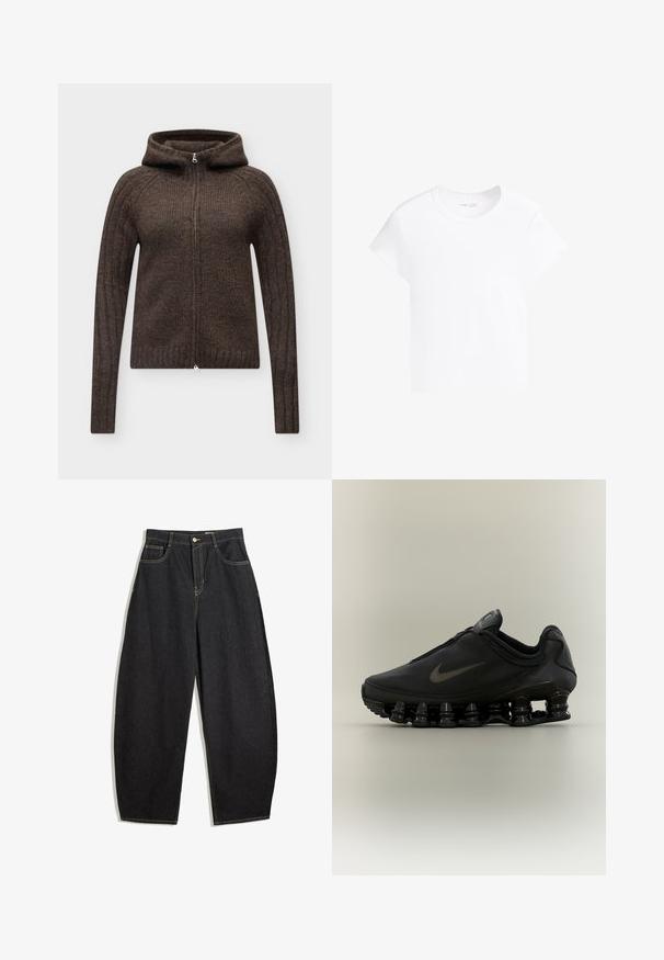 Bruine gebreide zip-up hoodie met lange mouwen en geribbelde textuur, weergegeven op een lichtgrijze achtergrond.; Effen witte korte mouw cropped t-shirt met ronde hals, weergegeven op een witte achtergrond.; Zwarte denim wijde pijpenbroek met een hoge taille, voorzien van gele stiksels, twee voorkruiken en een enkele knoopsluiting.; Zwarte Nike-sneaker met een bovendeel met ritssluiting en een kenmerkende veerachtige, gesegmenteerde zool, weergegeven in zijaanzicht op een neutrale achtergrond.