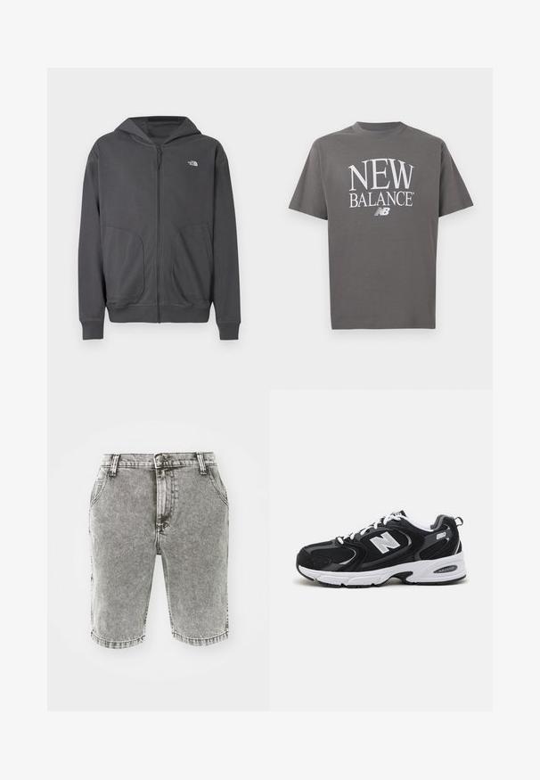 Sudadera con capucha gris con cremallera, hecha de tela suave, que cuenta con un bolsillo tipo canguro, puños de canalé y un pequeño logo en el pecho izquierdo.; Camiseta gris de manga corta con cuello redondo y gran texto blanco "NEW BALANCE" y logotipo "NB" centrados en el frente.; Pantalones cortos de mezclilla gris con un corte clásico, que cuentan con cinco bolsillos, pasadores para el cinturón y un lavado descolorido; sin desgastes ni patrones visibles.; Zapatillas deportivas en negro y gris con parte superior de malla y ante, que cuentan con una entresuela blanca, cordones y un llamativo logo "N" en el lateral.