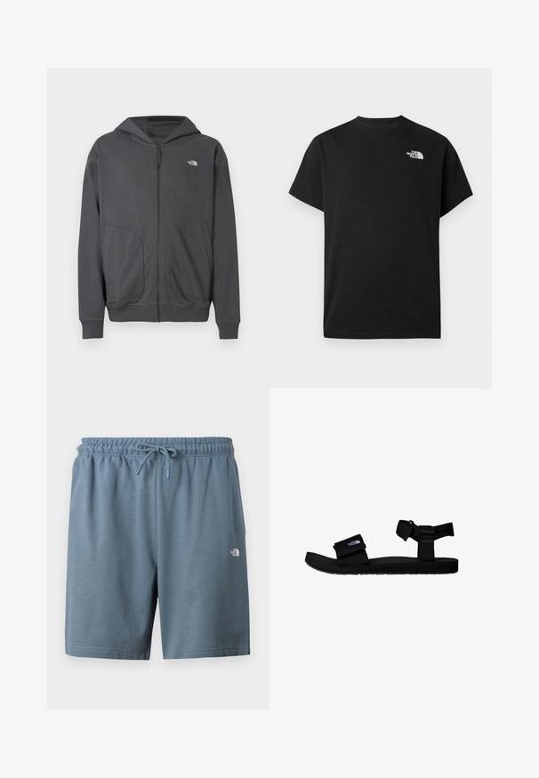 Grauer Kapuzenpullover mit Reißverschluss aus weichem Stoff, mit Kängurutasche, gerippten Bündchen und einem kleinen Logo auf der linken Brust.; Schwarzes kurzärmliges T-Shirt aus Baumwolle. Mit einem weißen Logo auf der linken Brust. Einfacher Schnitt mit rundem Ausschnitt und minimalen Designdetails.; Blaue Shorts mit elastischem Bund, Kordelzug und kleinem weißen The North Face-Logo am linken Oberschenkel.; Schwarze Sandalen mit verstellbaren Stoffriemen, strukturiertem Gummisohle und einem Logopatch. Entworfen für Komfort und die Nutzung im Freien.