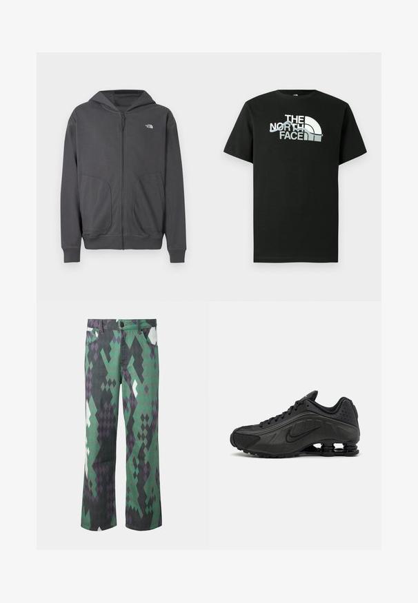 Grå hættetrøje med lynlås lavet af blødt stof, med en kengurulomme, ribstrikkede manchetter og en lille logo på venstre bryst.; Sort T-shirt lavet af bomuld med et trykt logodesign i hvid og grå, korte ærmer og rund hals.; Bukser med lige ben med geometrisk diamantmønster i grøn, sort, lilla og hvid, med forlommer og knaplukning.; Sorte løbesko med en glat syntetisk overdel, perforerede detaljer, teksturerede sidedele og en distinkt fjedrende sål.